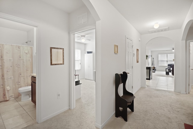 corridor with light carpet and a wealth of natural light