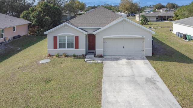 ranch-style home featuring a front lawn and a garage