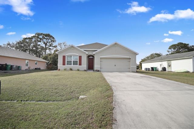 ranch-style house with a garage and a front lawn