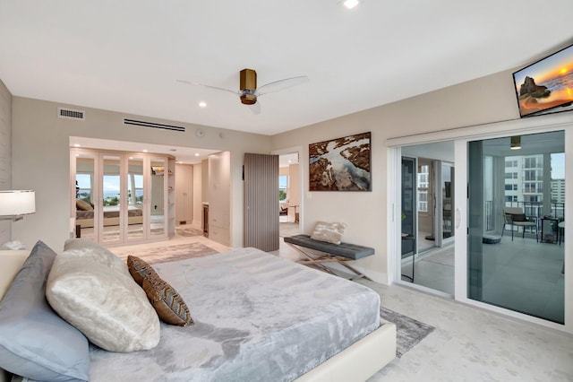 bedroom with ceiling fan and french doors