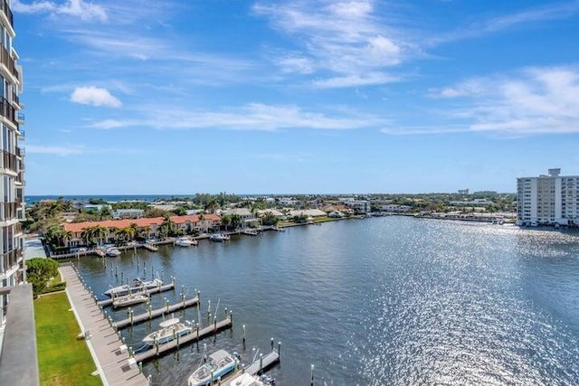 property view of water with a dock