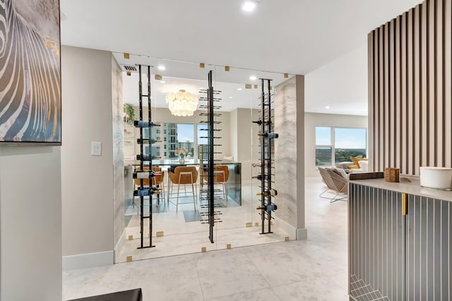 wine room with a notable chandelier