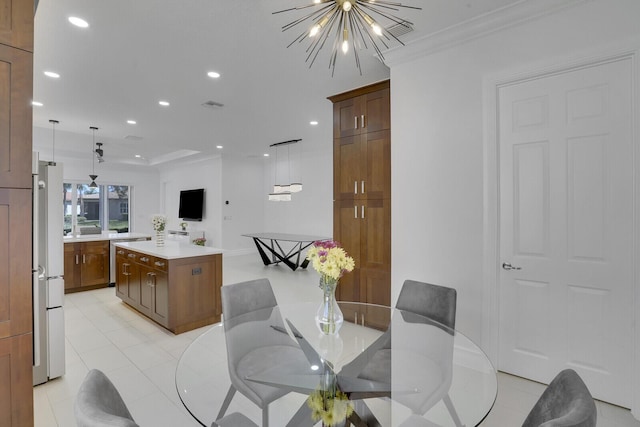 15010 Rapolla Dr, Delray Beach, FL 33446 - dining space featuring recessed lighting, ornamental molding, light tile patterned flooring, and a chandelier