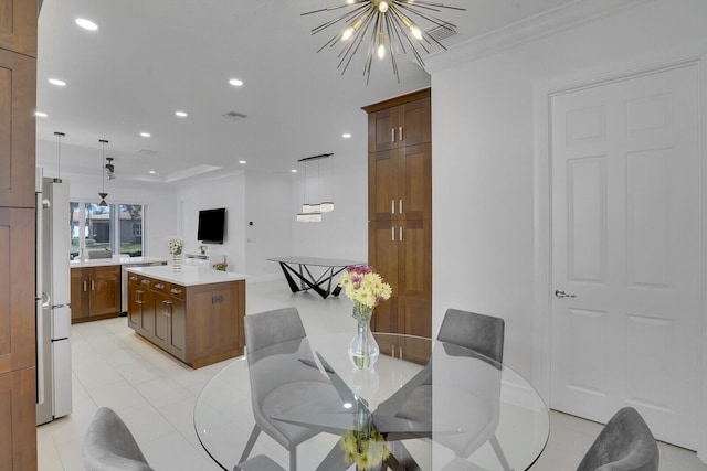 dining area featuring visible vents, crown molding, light tile patterned floors, recessed lighting, and a notable chandelier