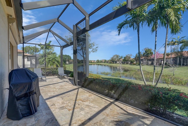 sunroom with a water view