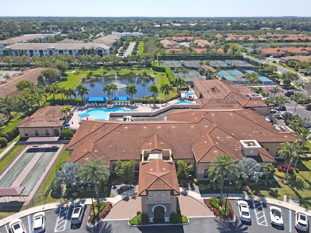 aerial view with a residential view and a water view