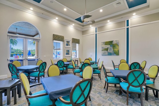 recreation room with visible vents, french doors, and crown molding