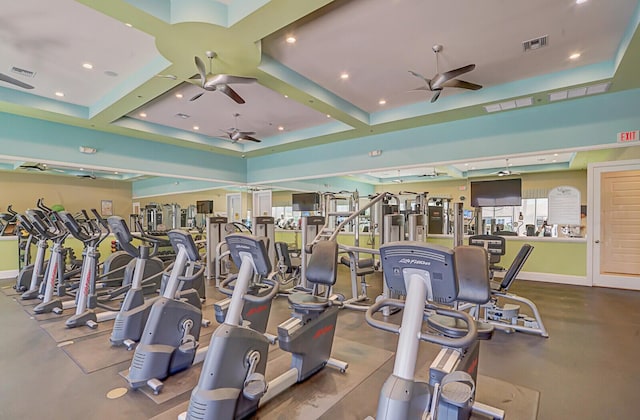 exercise room with visible vents, recessed lighting, and a ceiling fan