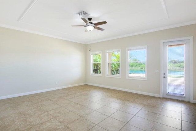 spare room with light tile patterned flooring, ceiling fan, and ornamental molding