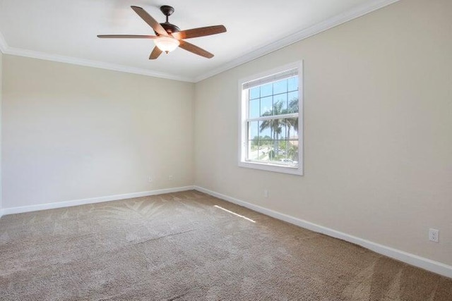 carpeted spare room featuring ceiling fan and crown molding