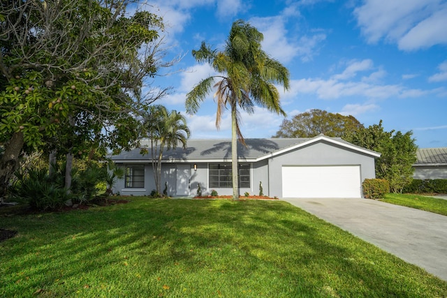 single story home with a garage and a front yard