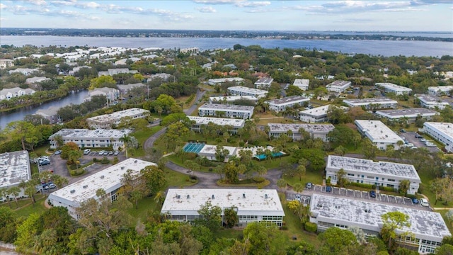 aerial view featuring a water view