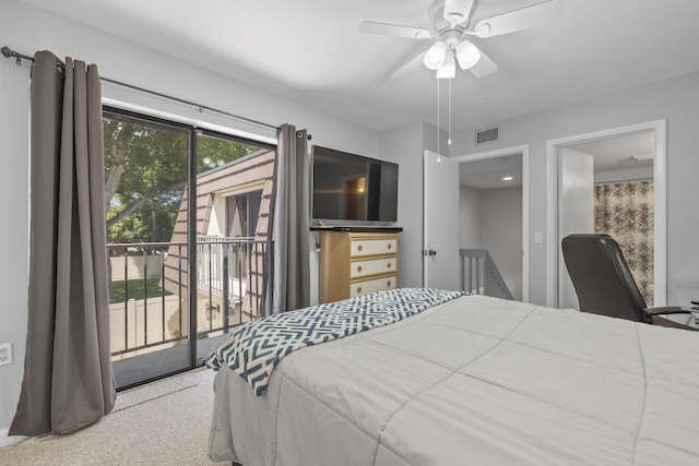 carpeted bedroom featuring ceiling fan and access to exterior