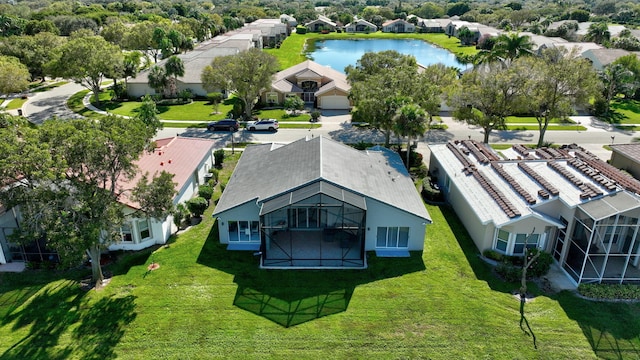 drone / aerial view featuring a water view