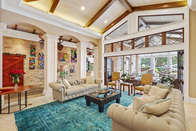 living room with ornate columns, wooden ceiling, high vaulted ceiling, and beamed ceiling