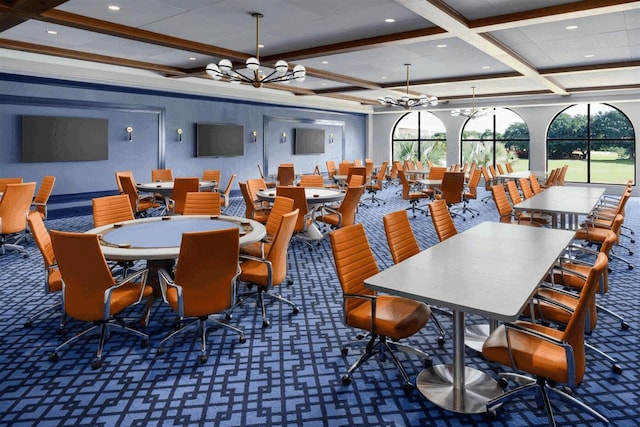 carpeted dining area with coffered ceiling, beam ceiling, and ornamental molding