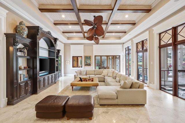 living room featuring beamed ceiling, ceiling fan, coffered ceiling, and crown molding