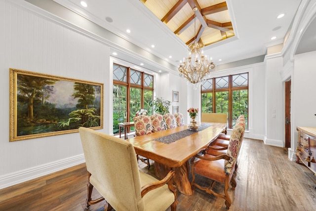 dining room with hardwood / wood-style floors, wooden ceiling, a chandelier, and beamed ceiling