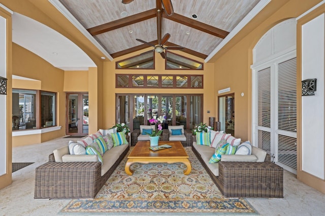 living room featuring light carpet, wood ceiling, high vaulted ceiling, and beamed ceiling