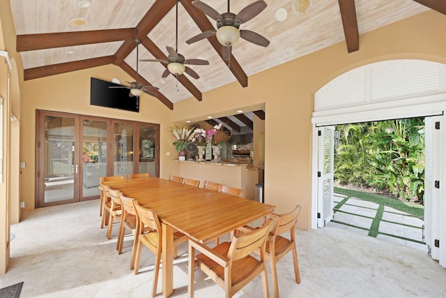 dining room featuring wood ceiling, high vaulted ceiling, light carpet, and beamed ceiling