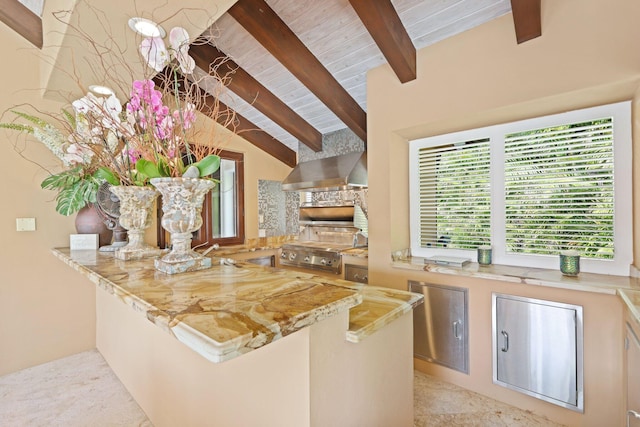 kitchen featuring lofted ceiling with beams, wooden ceiling, kitchen peninsula, and wall chimney exhaust hood