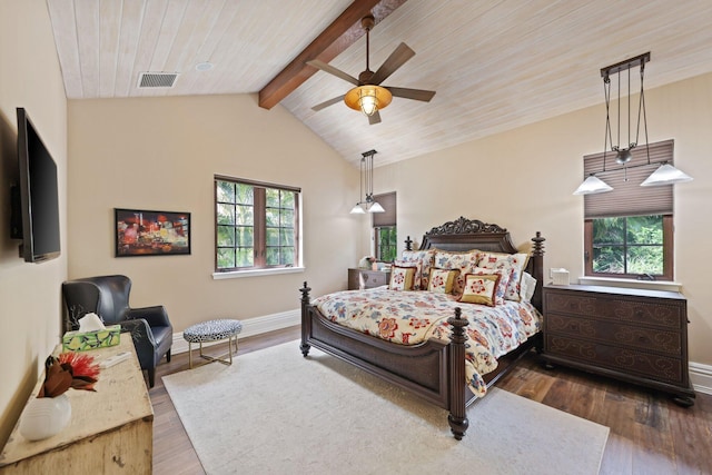 bedroom with dark hardwood / wood-style flooring, wooden ceiling, and ceiling fan