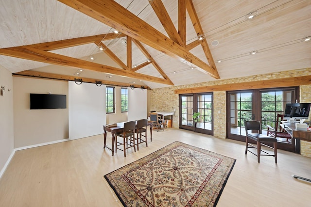 dining area with beamed ceiling, high vaulted ceiling, wood ceiling, and light hardwood / wood-style flooring