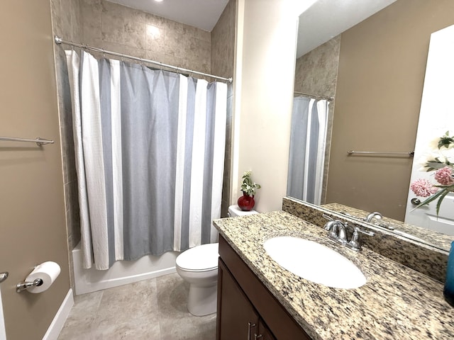 full bathroom with toilet, vanity, and shower / bathtub combination with curtain