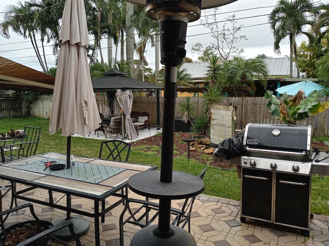 view of patio with grilling area and a gazebo