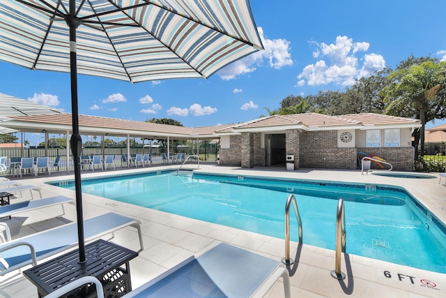 view of swimming pool featuring a patio area