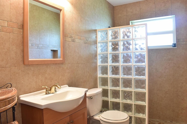 bathroom featuring toilet, walk in shower, and vanity