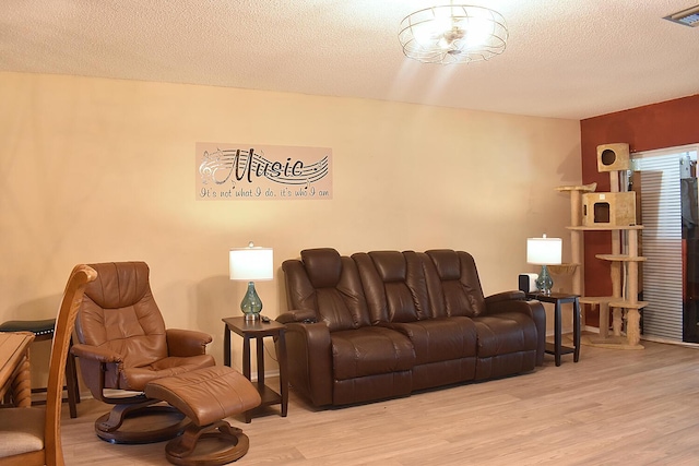 living room featuring light hardwood / wood-style floors and a textured ceiling