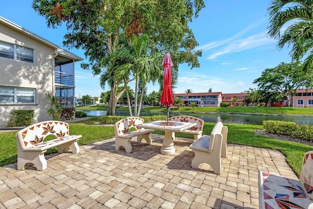 view of patio with a water view