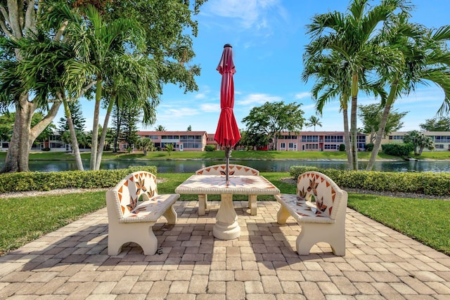 view of patio featuring a water view