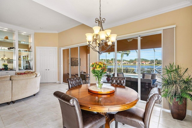 dining area with ornamental molding, a chandelier, and light tile patterned flooring