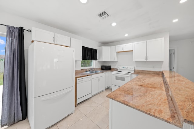 kitchen with white cabinetry, sink, kitchen peninsula, and white appliances