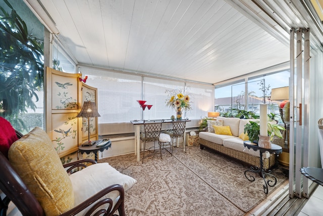 sunroom with wooden ceiling