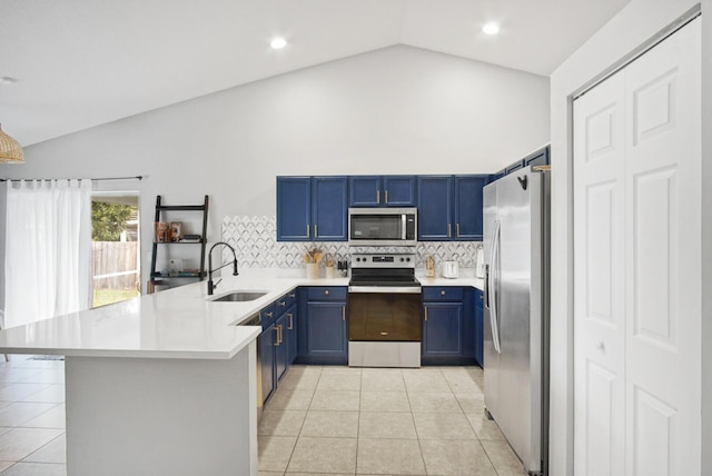 kitchen featuring sink, stainless steel appliances, kitchen peninsula, and lofted ceiling