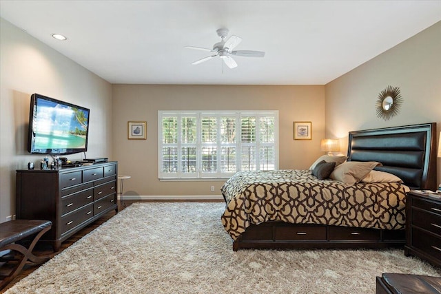 bedroom featuring recessed lighting, a ceiling fan, and baseboards