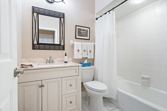 full bathroom with shower / tub combo with curtain, vanity, toilet, and tile patterned flooring