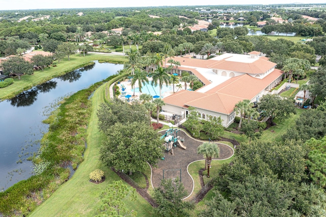 drone / aerial view with a water view