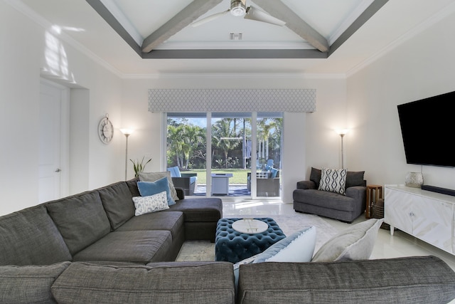 living room featuring ornamental molding and beam ceiling