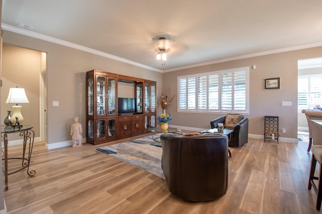 living room featuring hardwood / wood-style flooring and crown molding