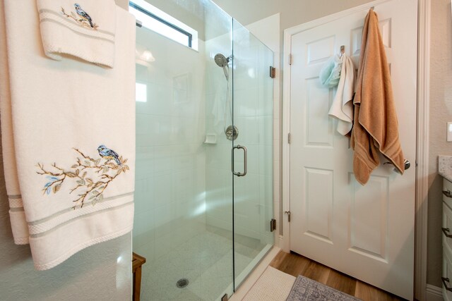 bathroom with vanity, hardwood / wood-style flooring, and a shower with door