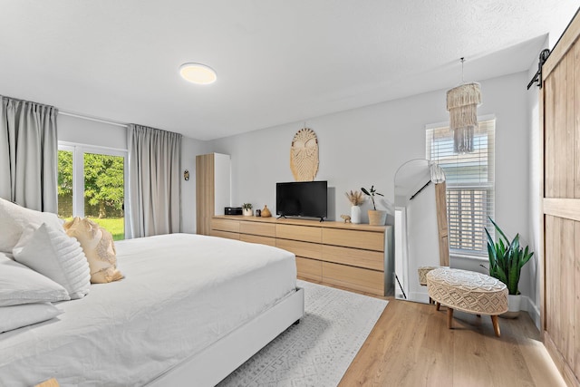 bedroom with light wood finished floors and a barn door