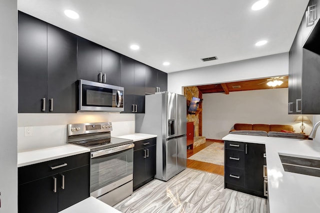 kitchen featuring light wood-type flooring, ceiling fan, stainless steel appliances, and sink