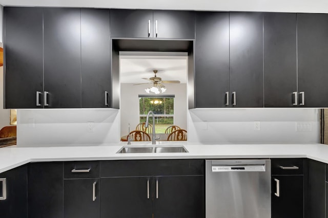 kitchen with ceiling fan, stainless steel dishwasher, and sink