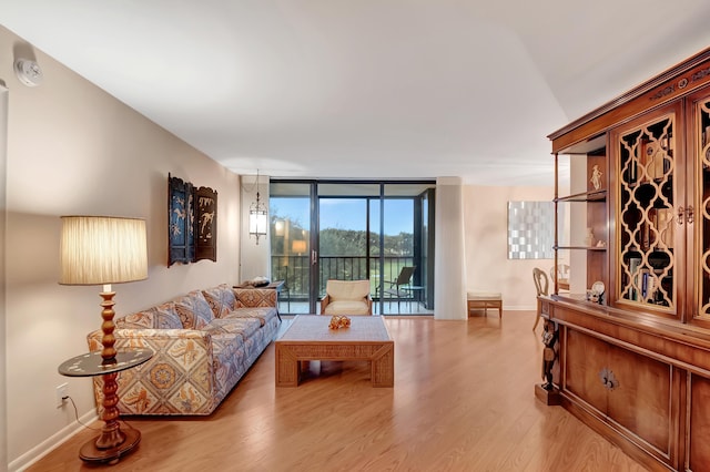 living room with light wood-type flooring and floor to ceiling windows