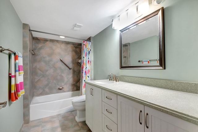 full bathroom featuring toilet, vanity, shower / bathtub combination with curtain, and tile patterned flooring