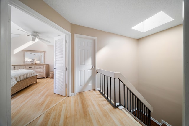 hallway with a skylight, a textured ceiling, and light hardwood / wood-style flooring